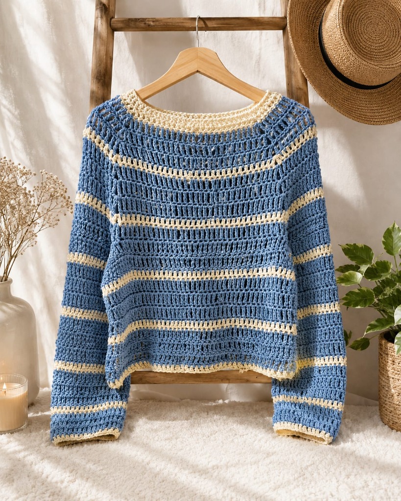 Ocean Blue Striped Crochet Sweatshirt